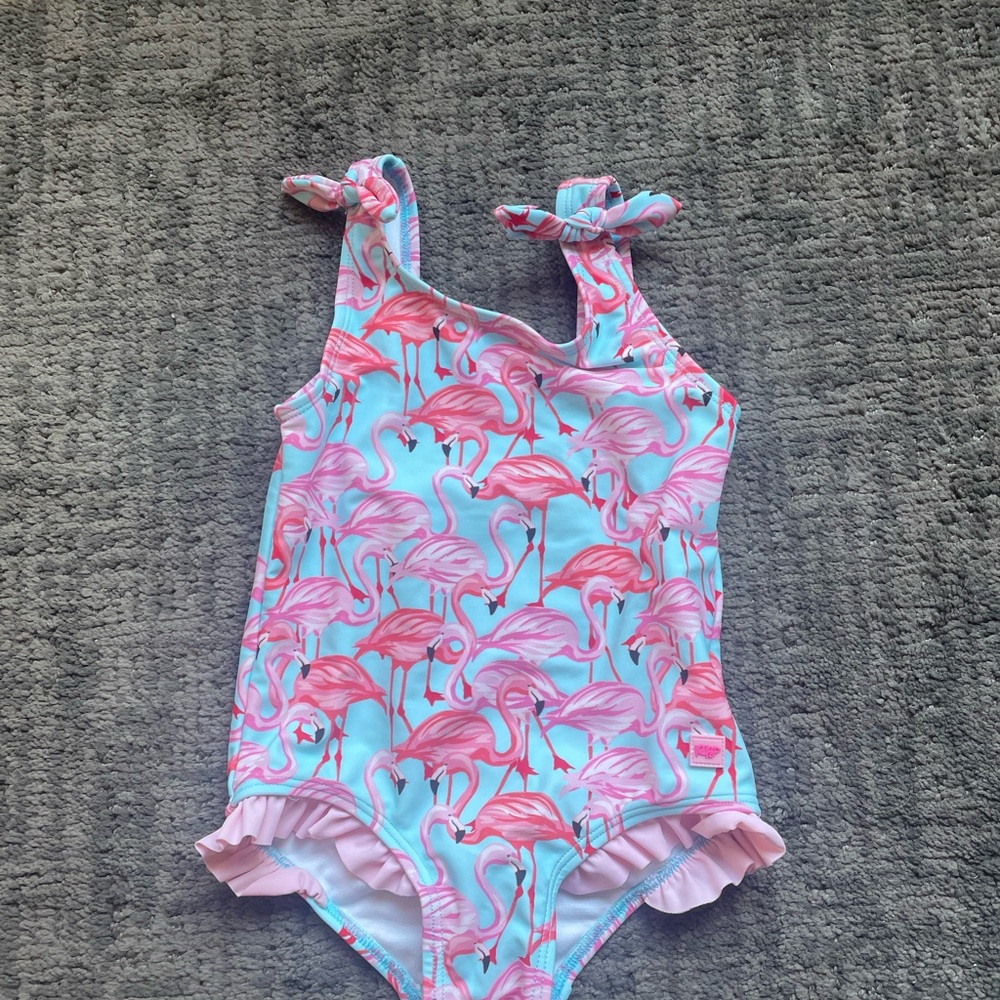 Ruffle Butts Pink Flamingo One-Piece Swimsuit - Pink/Blue